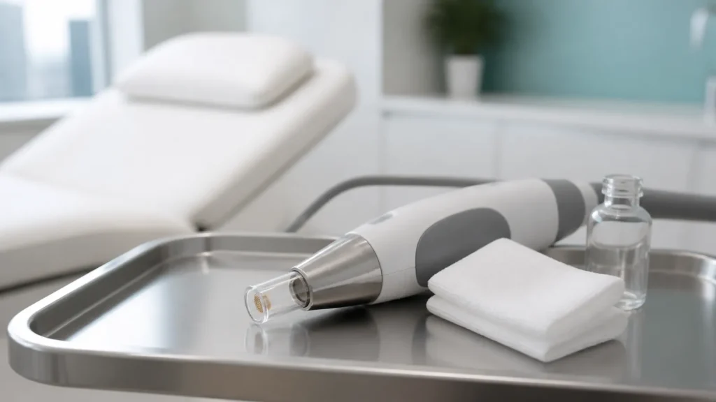 Fractional laser handpiece on a sterile tray in a Dubai clinic treatment room