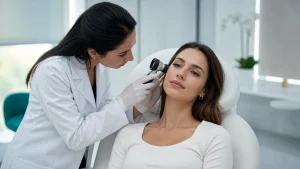 Dermatologist examining a patient with a dermatoscope at a clinic in Dubai