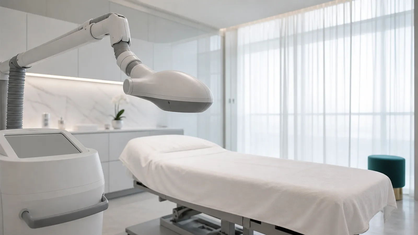 Body contouring device beside a treatment couch in a Dubai clinic