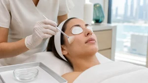 Clinician applying a chemical peel solution to a patient's cheek with a fan brush