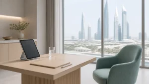 Consultation desk in a clinic with a tablet, a folder and an empty chair by the window