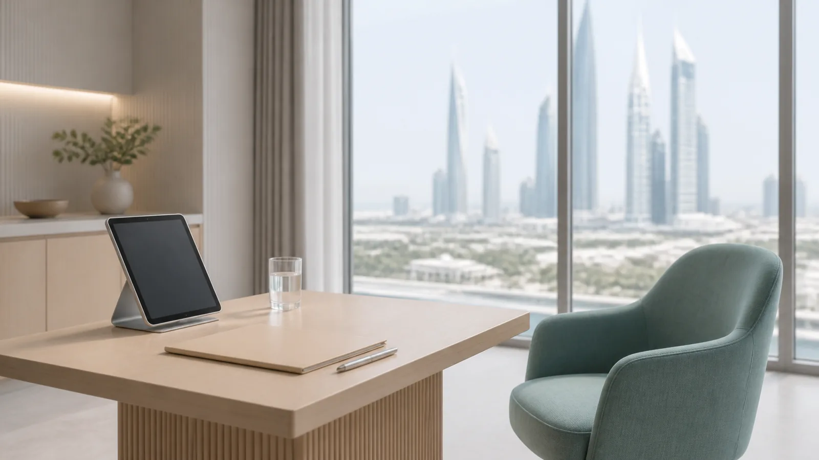 Consultation desk in a clinic with a tablet, a folder and an empty chair by the window