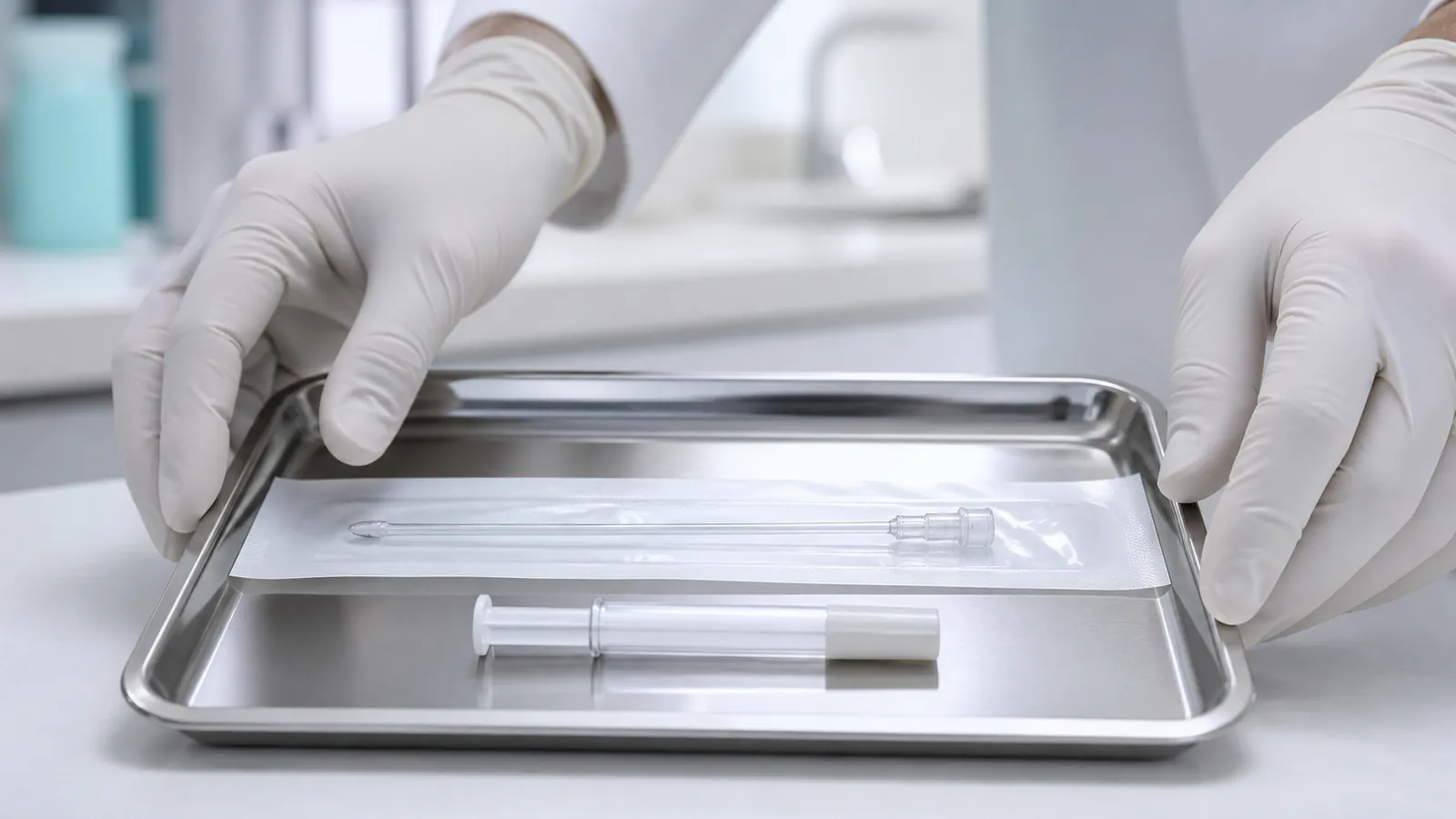 Gloved hands preparing a sterile tray with a sealed cannula before an under-eye treatment