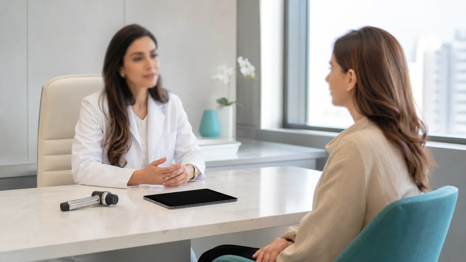 Dermatology consultation with a doctor and patient at a clinic in Dubai