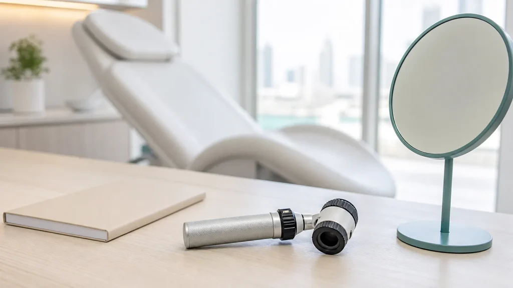Dermatoscope resting on a consultation desk beside a notebook