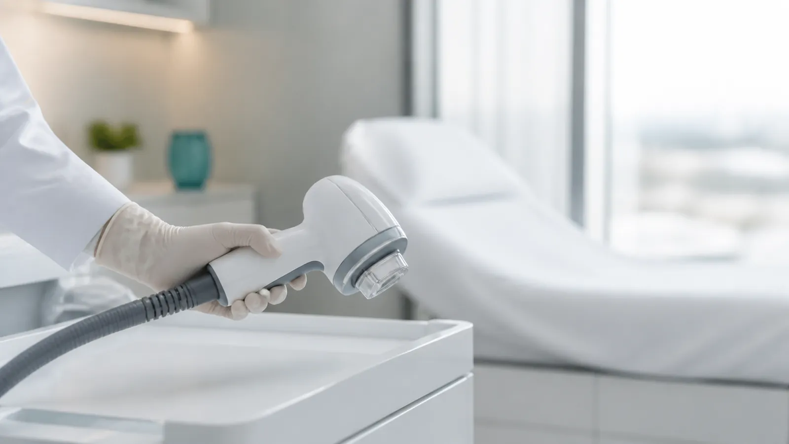 Clinician holding a body contouring handpiece in a treatment room