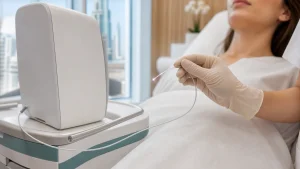 Optical fibre laser device with a thin fibre held in a gloved hand