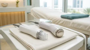 Radiofrequency microneedling and focused ultrasound handpieces side by side on a sterile cloth