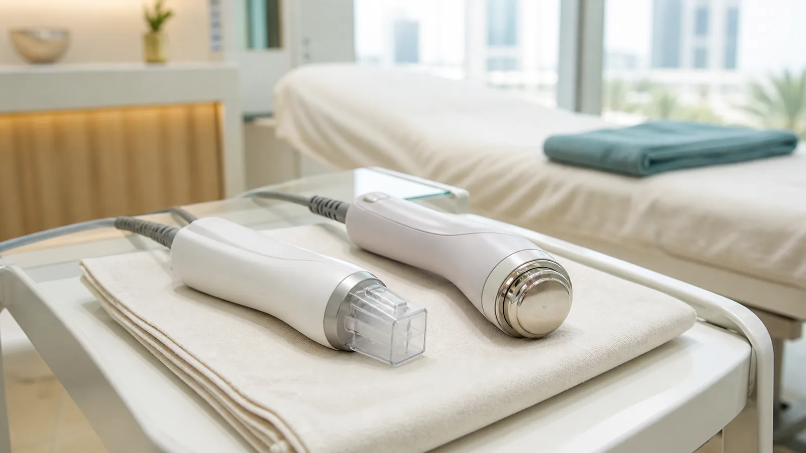 Radiofrequency microneedling and focused ultrasound handpieces side by side on a sterile cloth