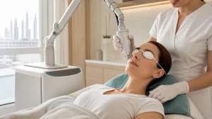 Laser skin treatment with the patient wearing protective eye shields