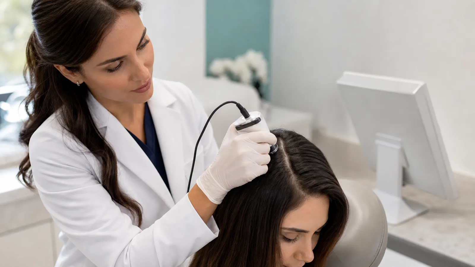 Trichoscopy scalp examination with a digital camera at a clinic in Dubai