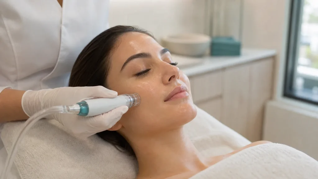 Clinician performing a hydradermabrasion facial with a spiral treatment tip