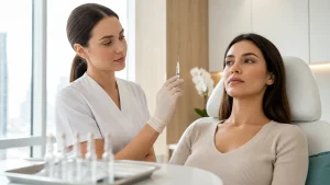 Clinician holding a fine syringe beside a patient's face during an injectable treatment