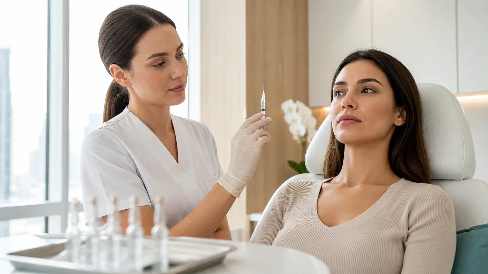 Clinician holding a fine syringe beside a patient's face during an injectable treatment