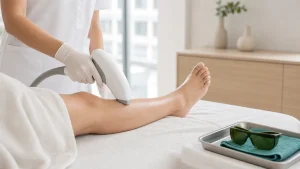 Cooled laser handpiece guided along a patient's lower leg during hair removal