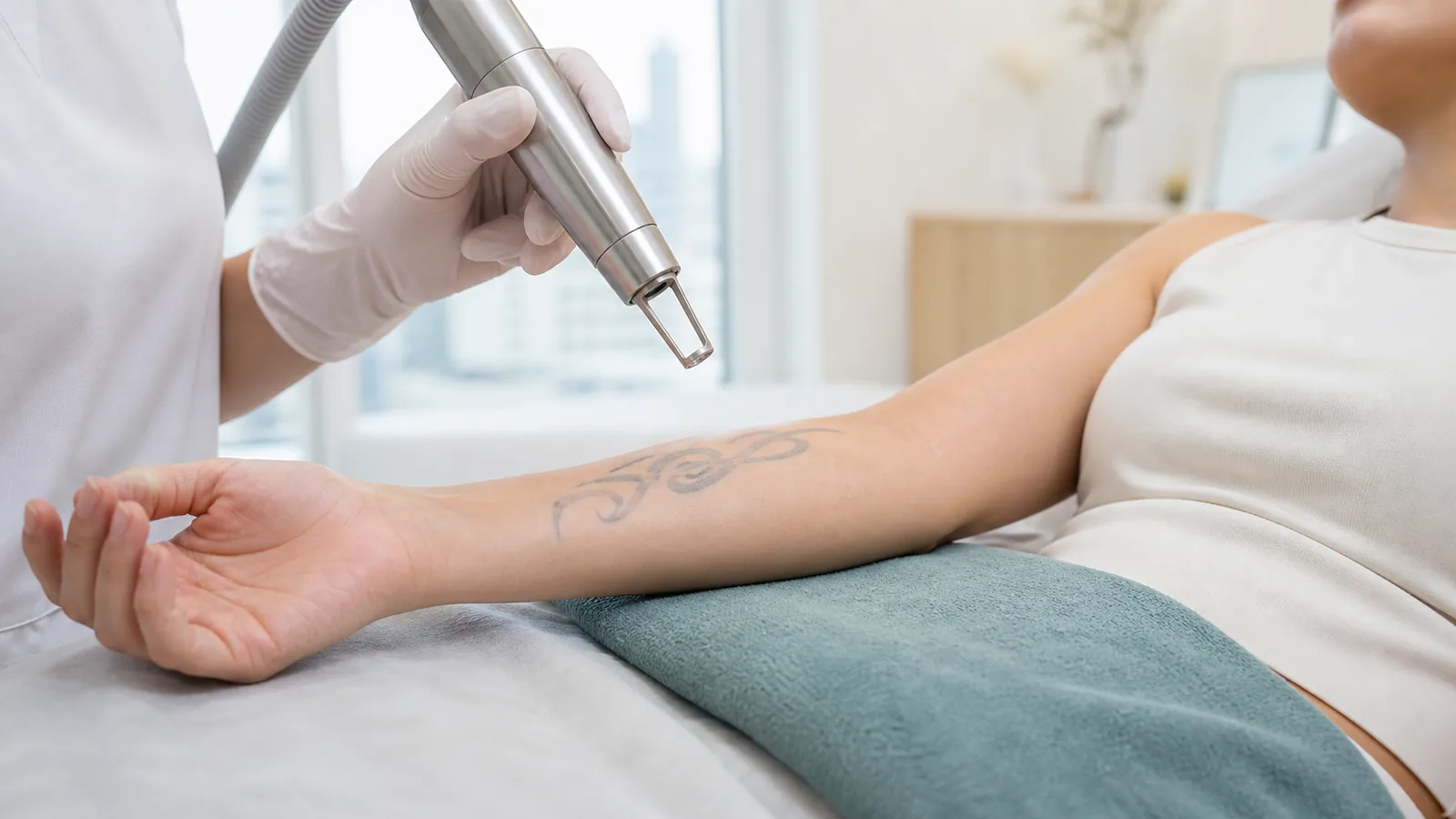 Laser tattoo removal session on a forearm with a handheld device