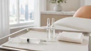 Prepared mesotherapy tray with a fine syringe, two ampoules of clear serum and folded gauze