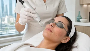 Pigment laser handpiece held above a patient's cheek, protective eye shields in place