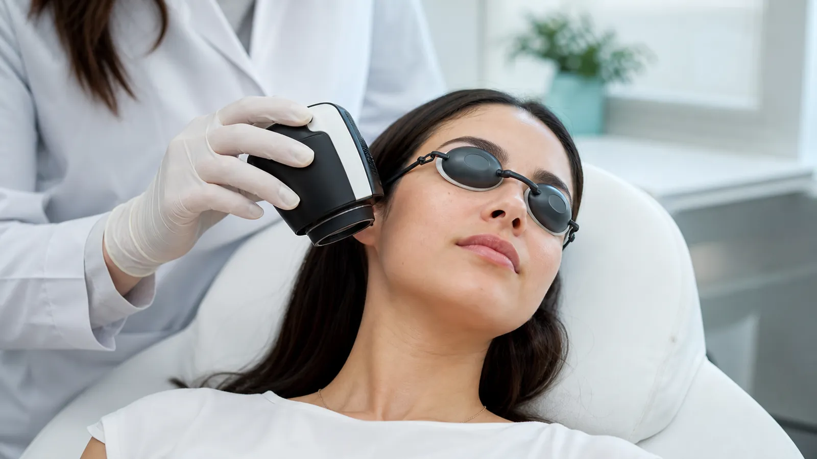 Clinician using a skin analysis device on a patient wearing protective goggles