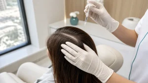 Clinician parting hair at the crown before a scalp injection treatment