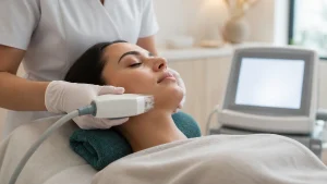 Radiofrequency microneedling handpiece positioned along the jawline