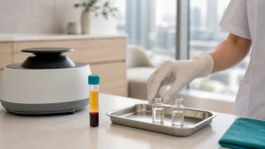 Centrifuge with a tube of separated plasma beside sealed vials on a sterile tray