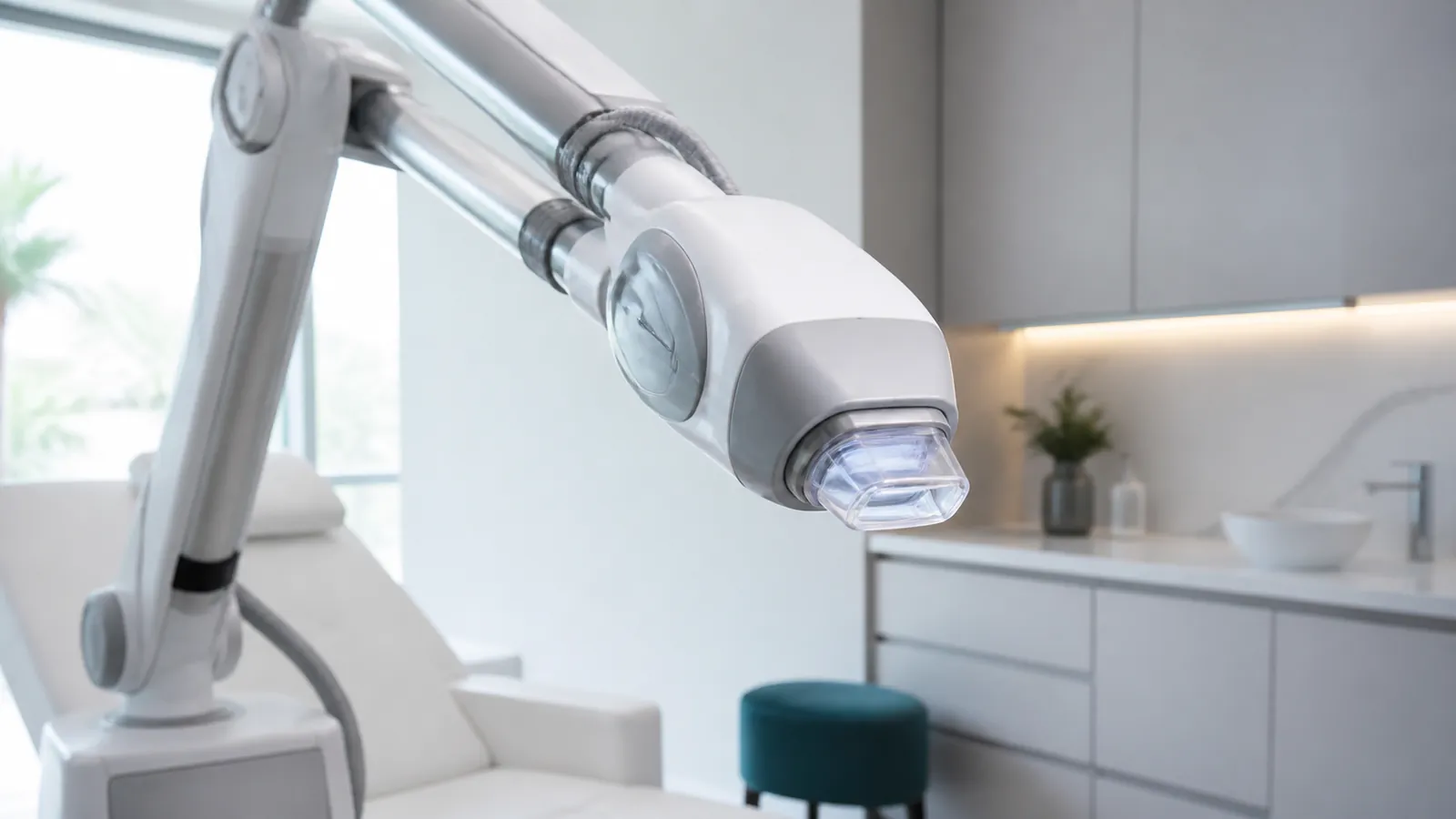 Light-based treatment device with a cooling tip in a clinic treatment room