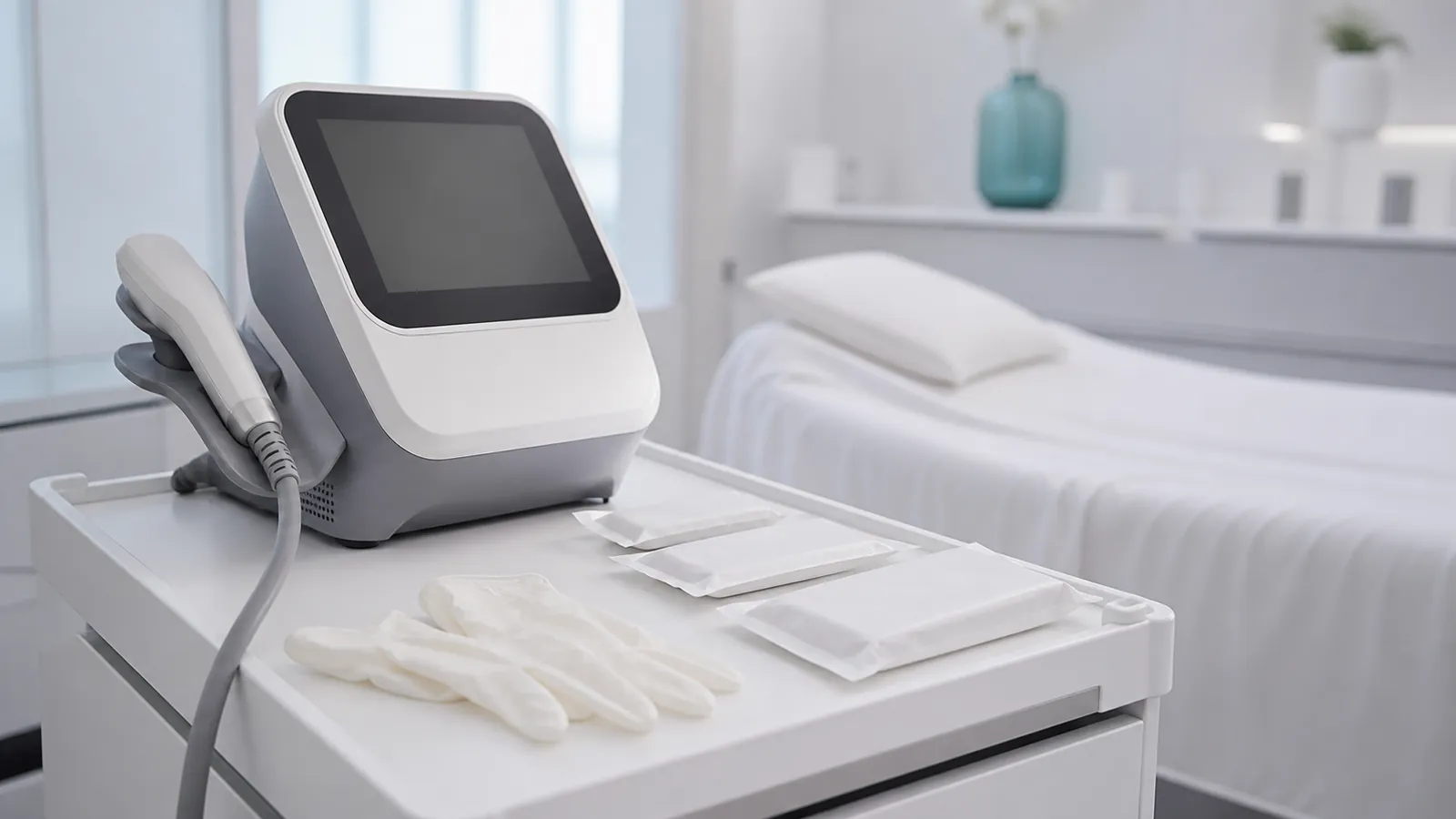 Microneedling radiofrequency device and sterile supplies on a clinic trolley