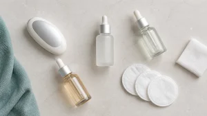 Flat lay of unbranded serum bottles, a handheld skincare device and cotton pads