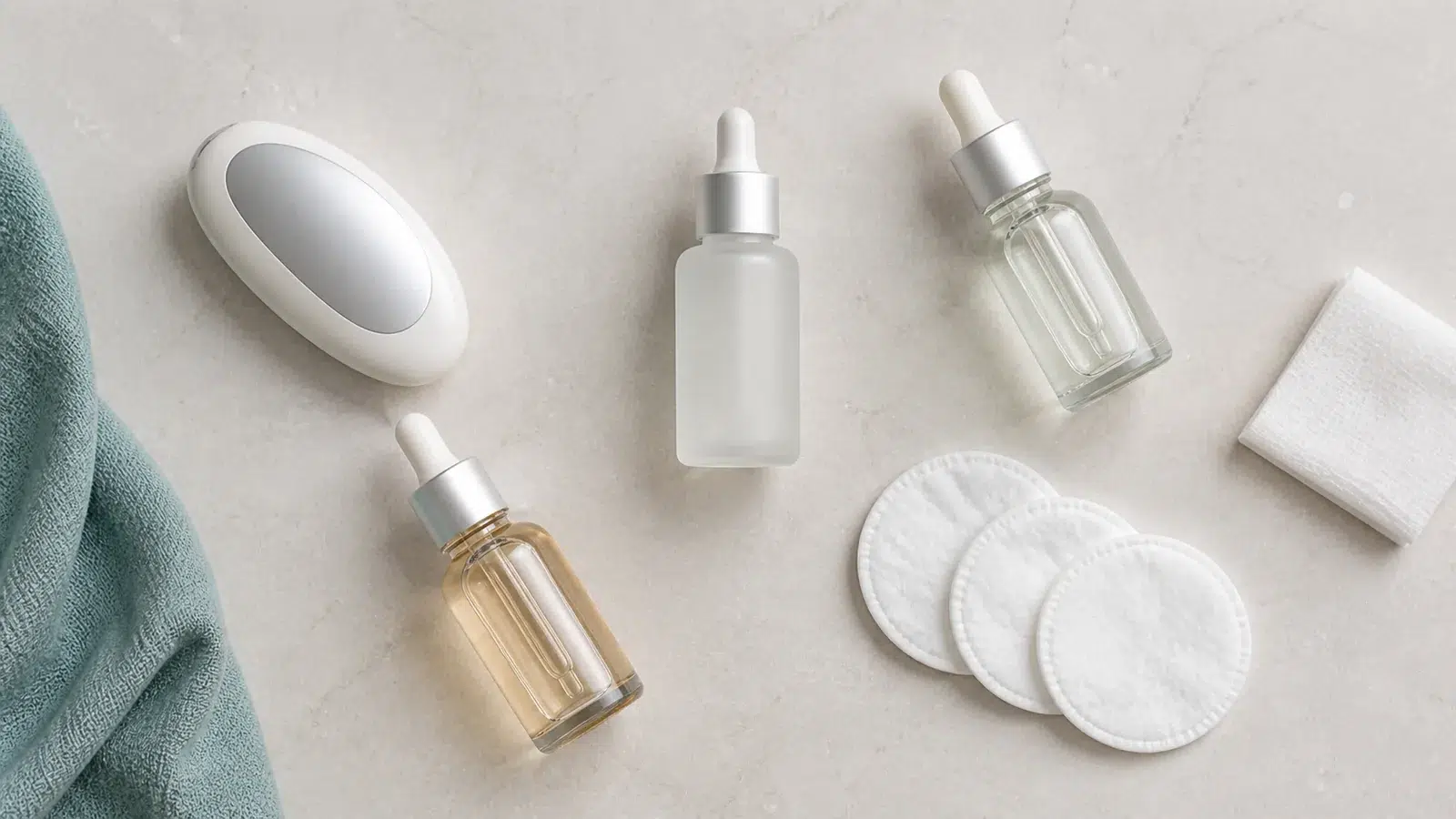 Flat lay of unbranded serum bottles, a handheld skincare device and cotton pads