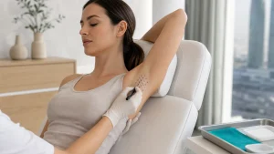 Clinician marking a grid of injection points on a patient's underarm before treatment