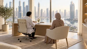 Doctor listening to a patient in a bright consultation room