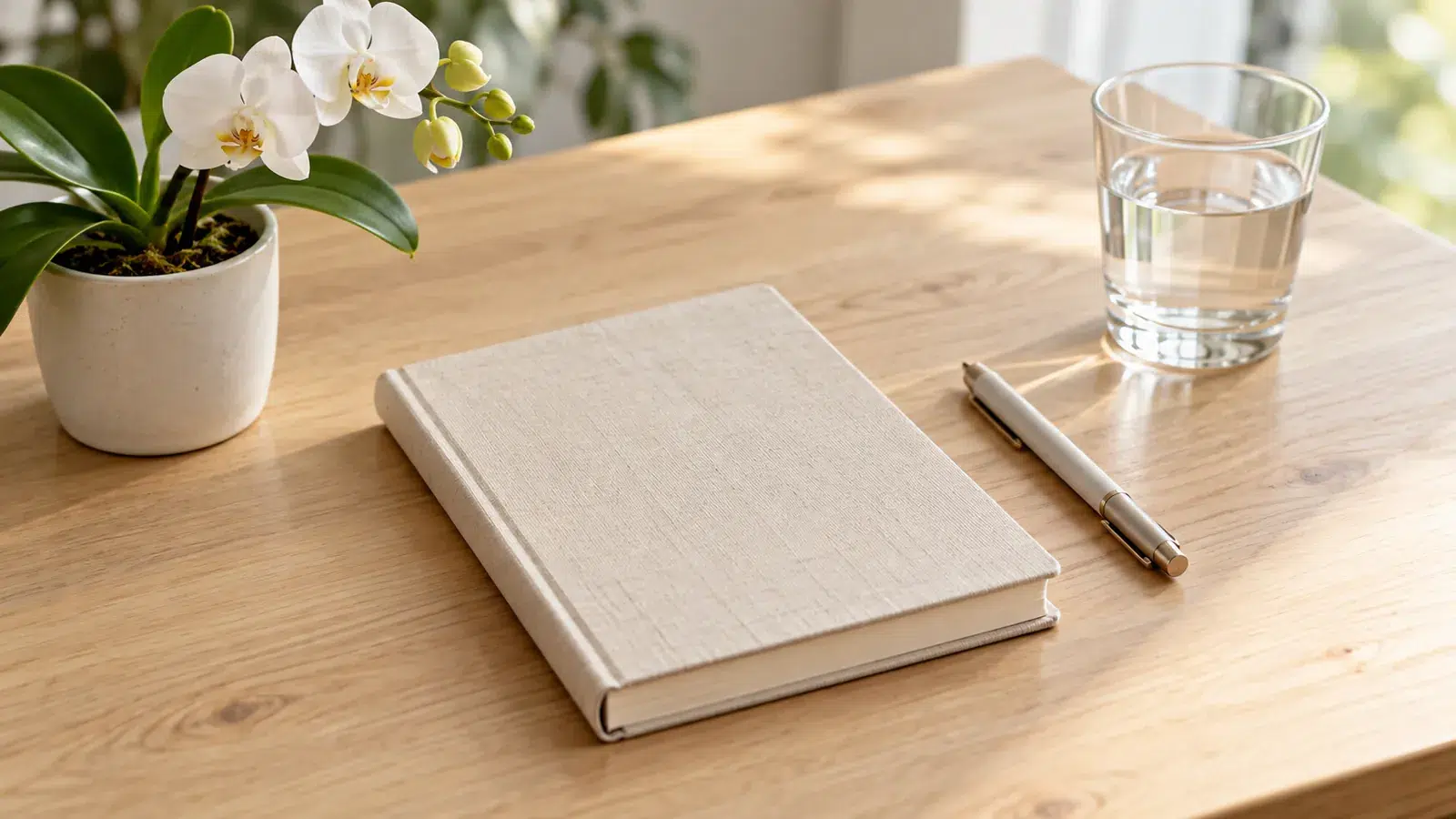 Notebook, glass of water and orchid on a light wooden desk
