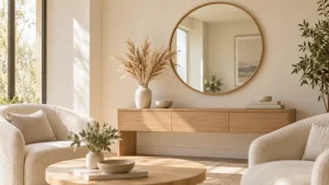 A bright consultation space with a light wood desk, a mirror and soft neutral tones