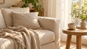 A quiet bathroom shelf in soft morning light with neutral towels and light wood