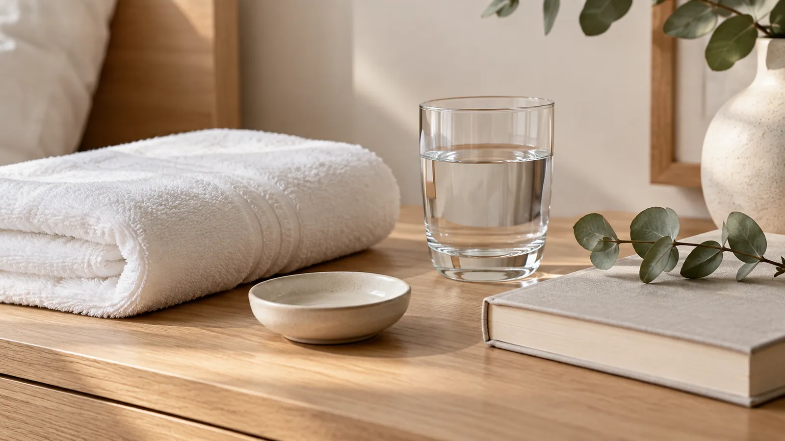 A neat bedside table with a glass of water, a book and a folded towel in warm neutral tones