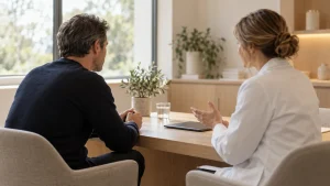 A man in a calm consultation room with warm neutral light talking with a doctor