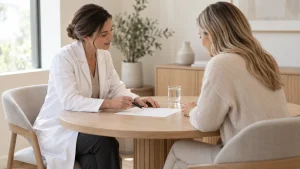 A doctor and a patient at a consultation table in a bright room with warm neutral tones