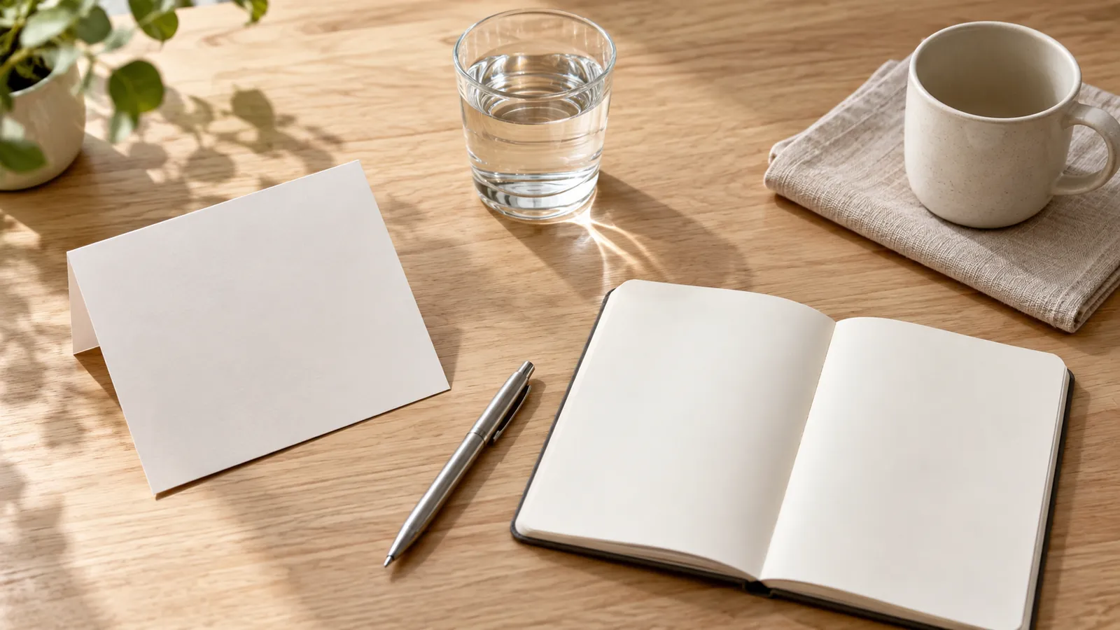 A tidy desk with a printed medical information leaflet, a pen and a glass of water