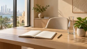 Soft daylight on a consultation desk with a notebook and a pen in a neutral, light wood room