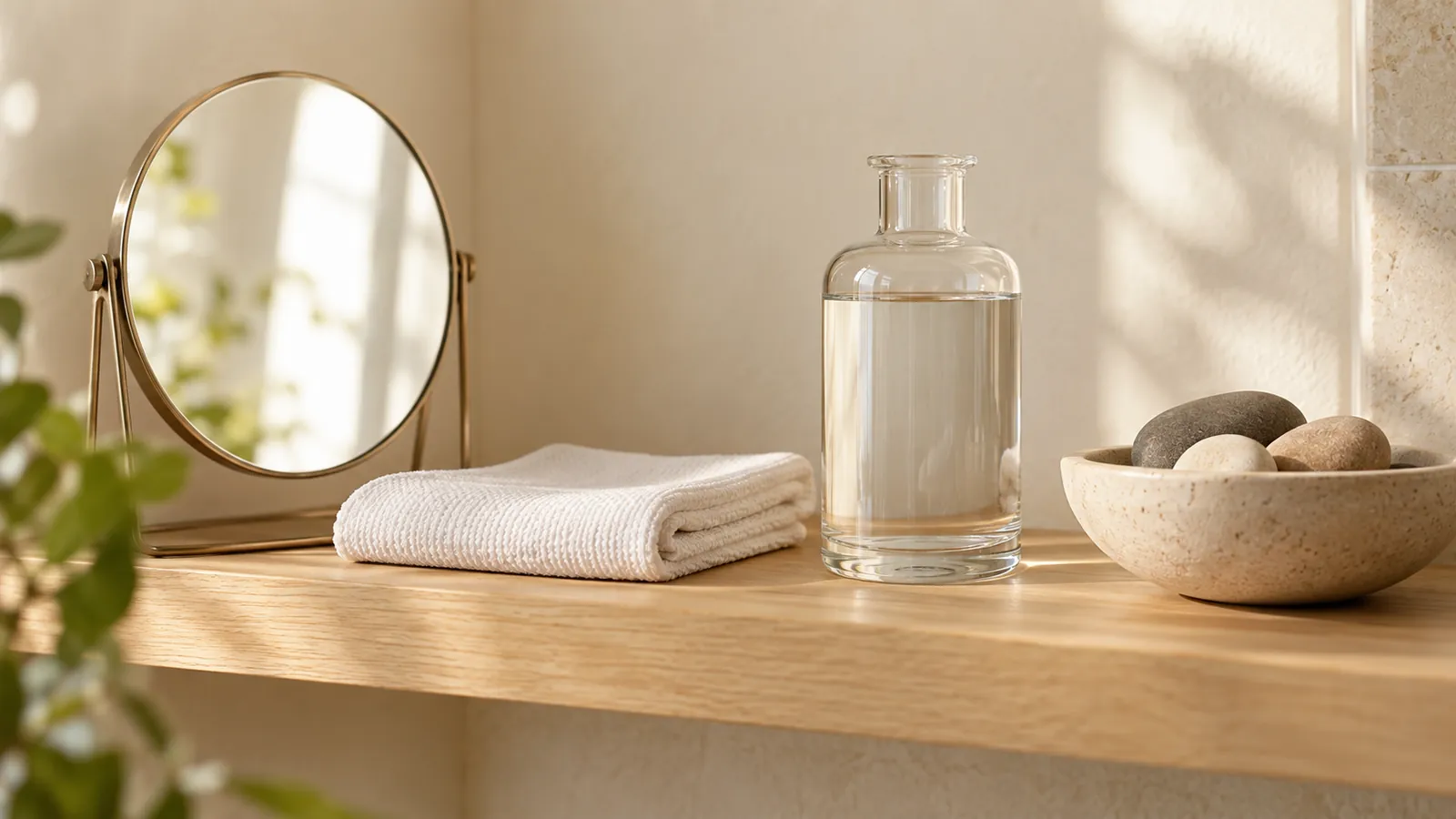 Clean light wood surface with a small mirror, a folded cloth and a glass bottle of water