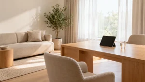 Calm consultation room with light wood and warm neutral tones, a doctor's desk and two chairs