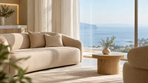 Bright minimalist waiting lounge with a beige sofa, sheer curtains and a soft view of the sea