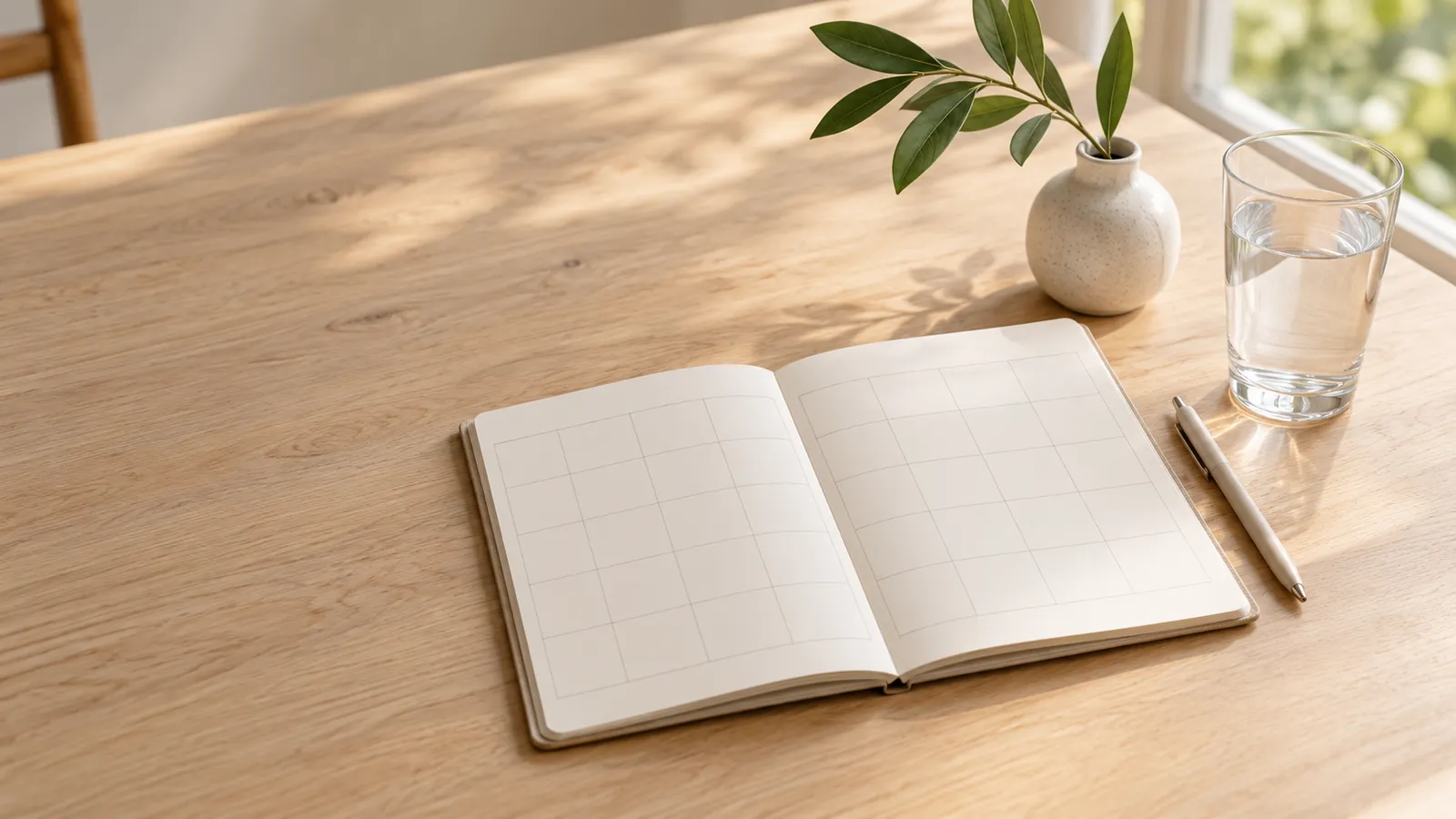 Open paper planner, pen and a glass of water on a light wood table