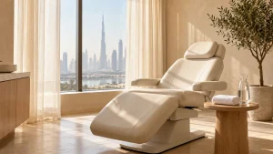 Quiet treatment room in warm neutral tones with light wood shelves and soft natural light