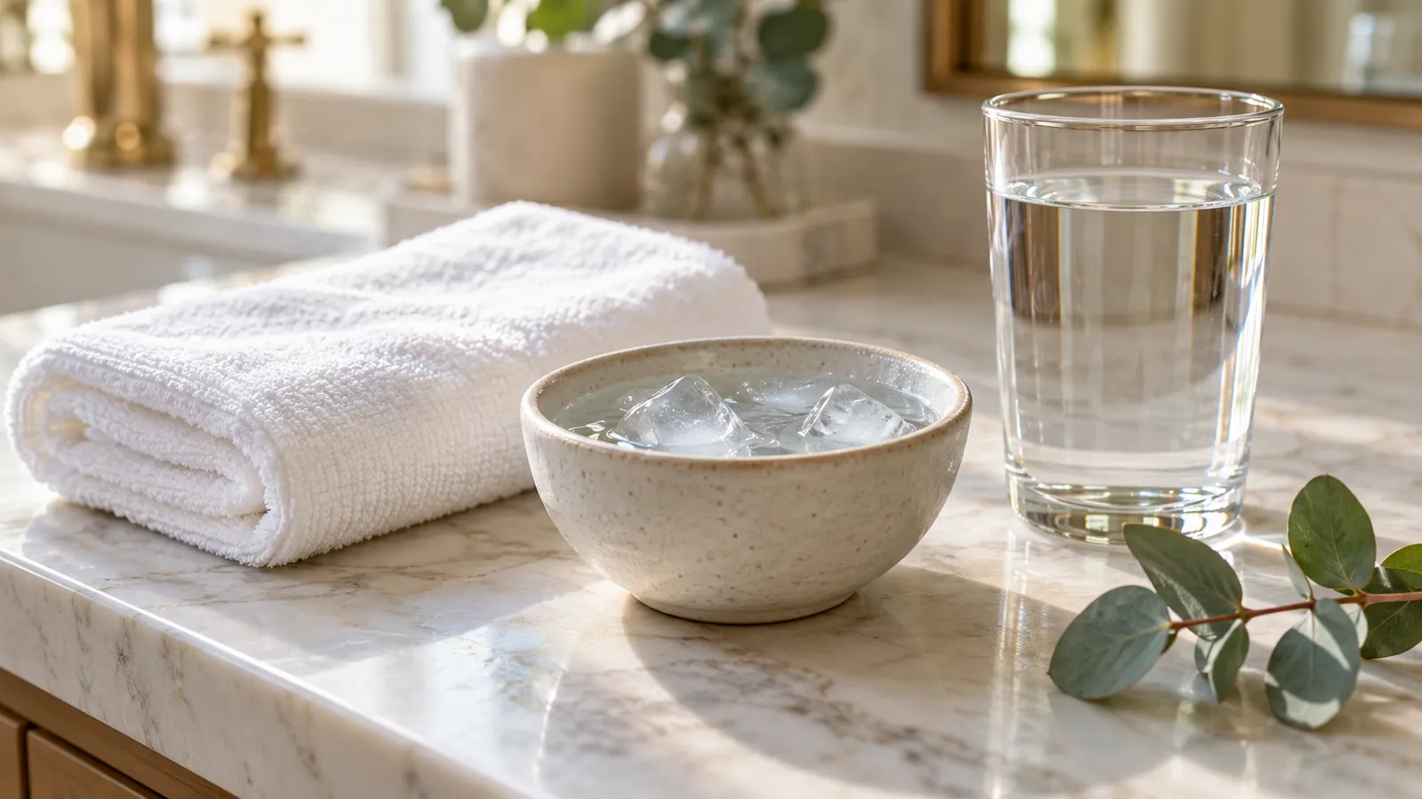 Clean bathroom shelf with a folded white cloth, a glass of water and a small bowl of cool water