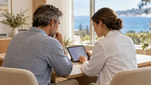 Patient and doctor reviewing a tablet together at a light oak desk in a bright consultation room