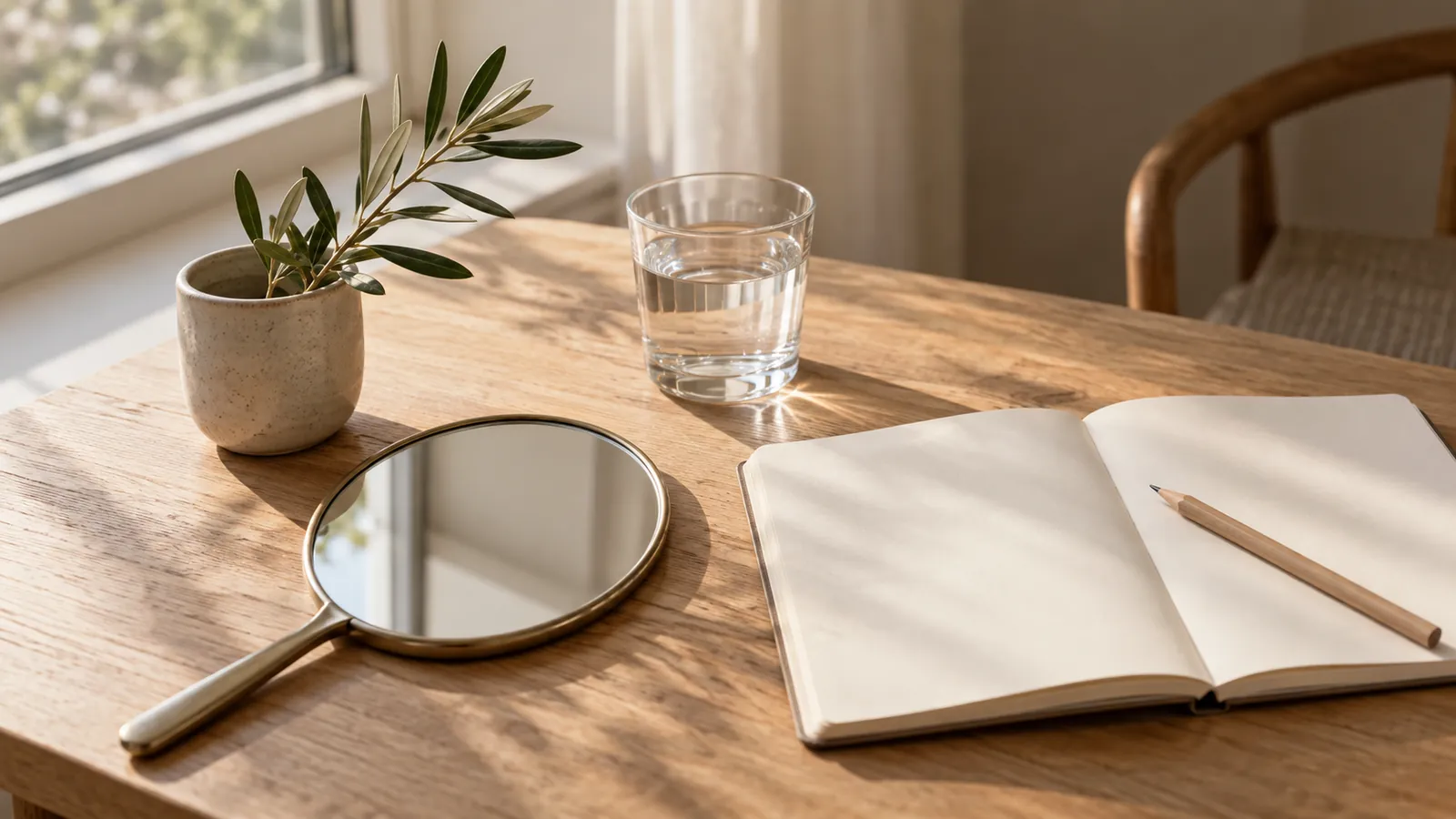 Hand mirror, blank notebook and pencil on a light-wood table near a window