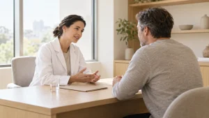 Doctor and patient talking at a desk in a bright room with light wood and warm neutral decor