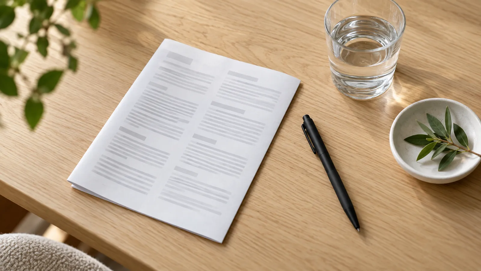 Tidy desk with a patient information leaflet, a pen and a glass of water in soft light